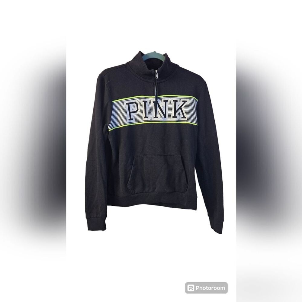Victoria's Secret PINK Black Neon Green Quarter Zip Pullover Sweatshirt Womens M